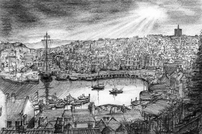 Whitby inner harbour with Grand Turk pencil sketch, From Alfleada Terrace 